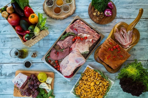 A variety of fresh meats including beef, chicken, seafood, and pork, ready for delivery.